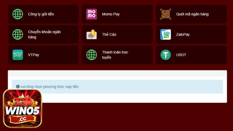 33Win05 cho phép nạp tiền bằng nhiều phương thức